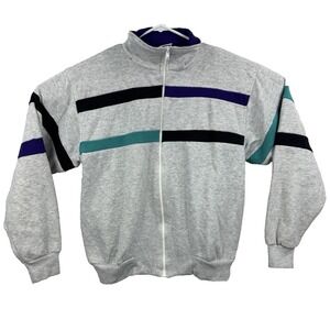 Vtg Mens Acton Fleece Full Zip Jacket Gray Teal Purple Retro Pockets Size Large
